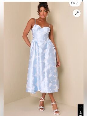 Lulus Light Blue Floral Satin Midi Dress with Sweetheart Neckline